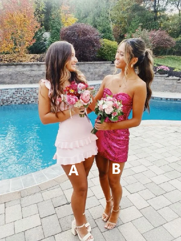 Light Pink Straps Cute Ruffles Short Party Dress Homecoming Dress, DP3181 Glittery Long Formal