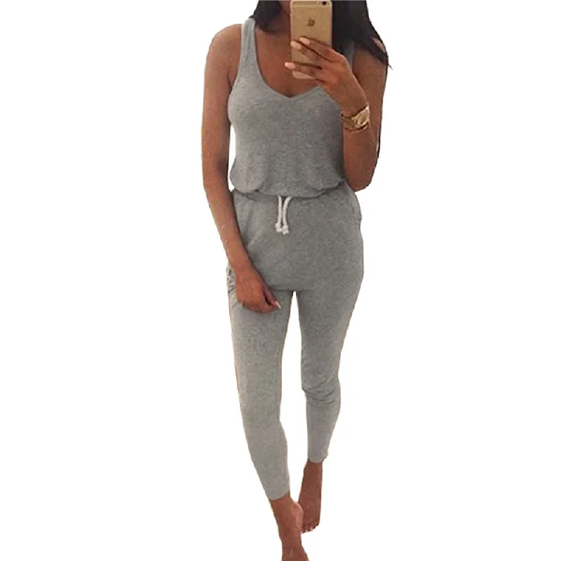 Low Cut Rompers Womens Jumpsuit Black Elastic Waist Sleeveless Long Pants Playsuit Strap Pocket Overalls Elegant Palazzo Trousers