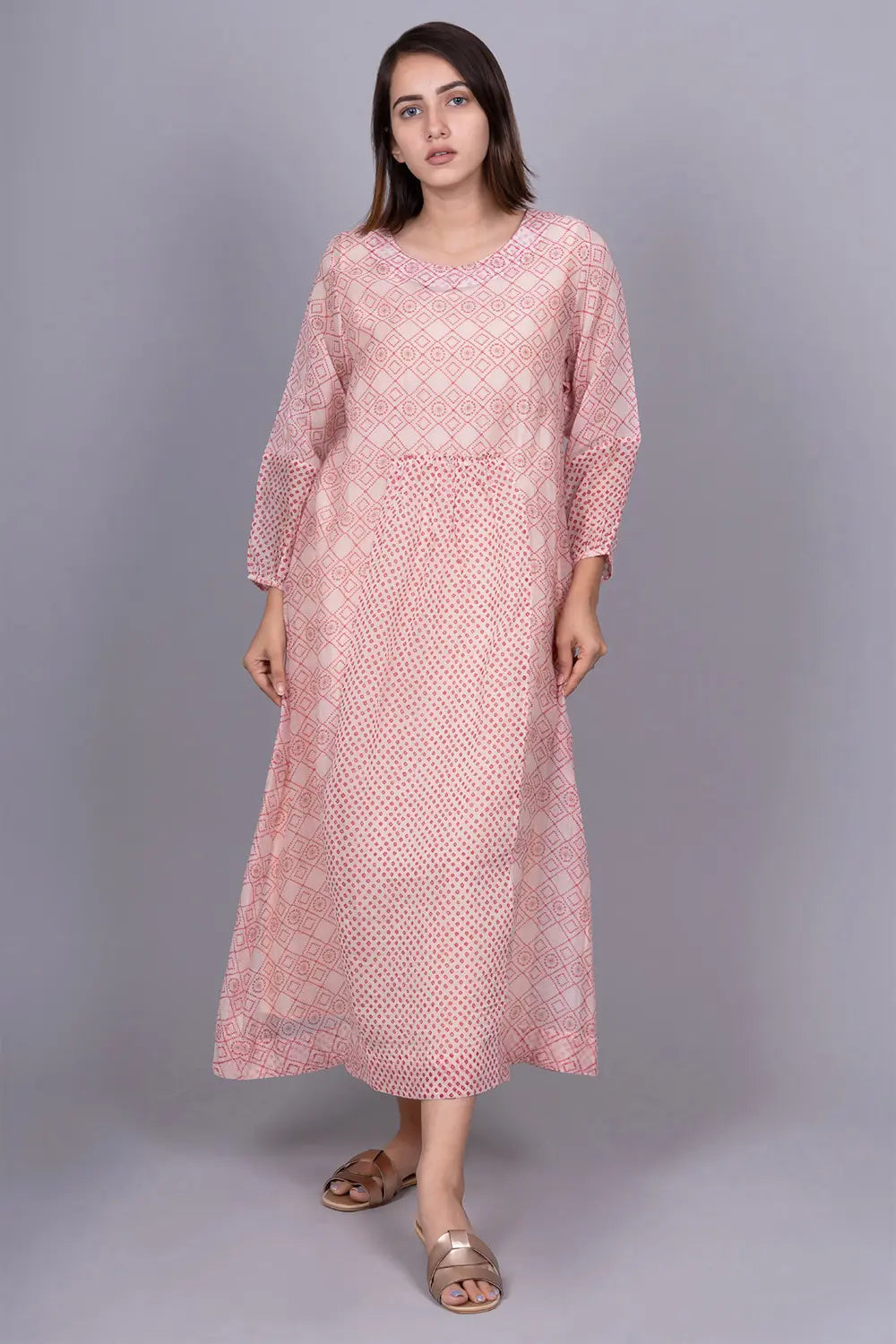 Chanderi Front Gathering Bandhani Dress with slip Tunics Bridal satin