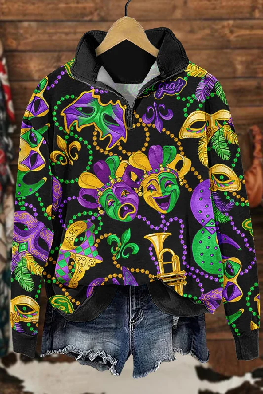 Chic Mardi Gras Print Sweatshirt Hoodie with Color Block Contrast Stylish