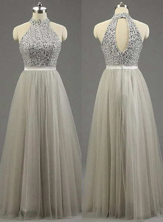 Sequins Grey Long Prom Dress, Charming Party Dresses, High Neck Formal Gowns Tunics Business professional