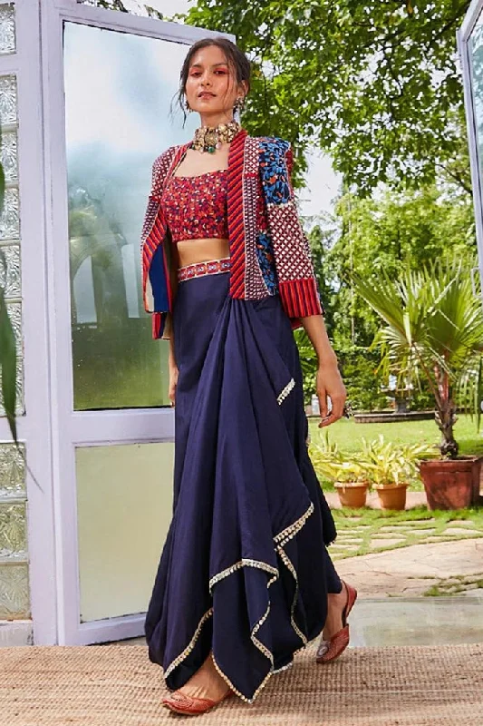 PATCHWORK NOOR JACKET WITH JAAL BUSTIER AND NUSHRAT DRAPE SKIRT Plaid Jacket Tartan Jacket Houndstooth Jacket