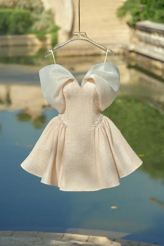 Champagne Off Shoulder A-Line Short Party Dress Homecoming Dress, DP3191 Tunics Cozy soft