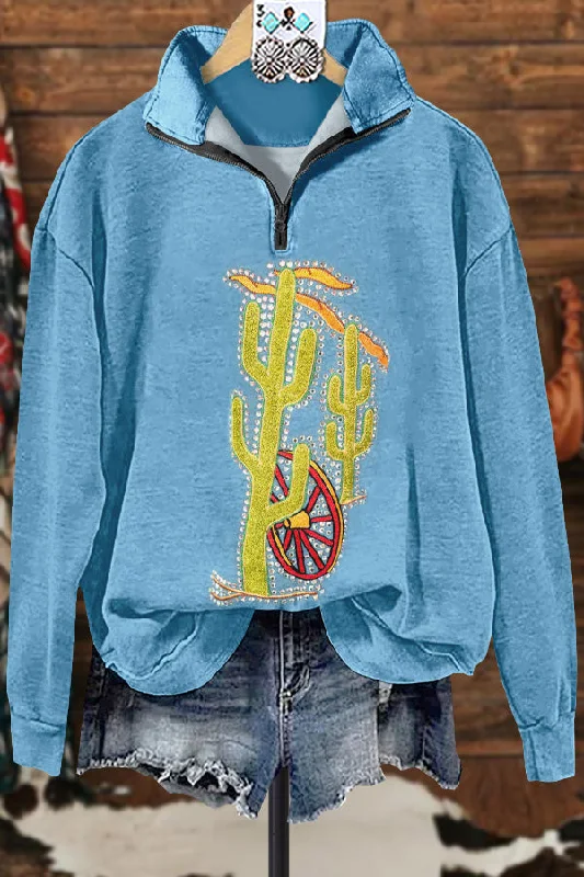 Classic Contrast Western Print Sweatshirt Hoodie with Hem Fringe Bohemian Relaxed