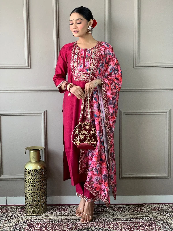 Women Round Neck Embroidered Work, Chanderi Fabric Kurta & Pant With Dupatta Set - Taantav Trendy Palazzo Pants