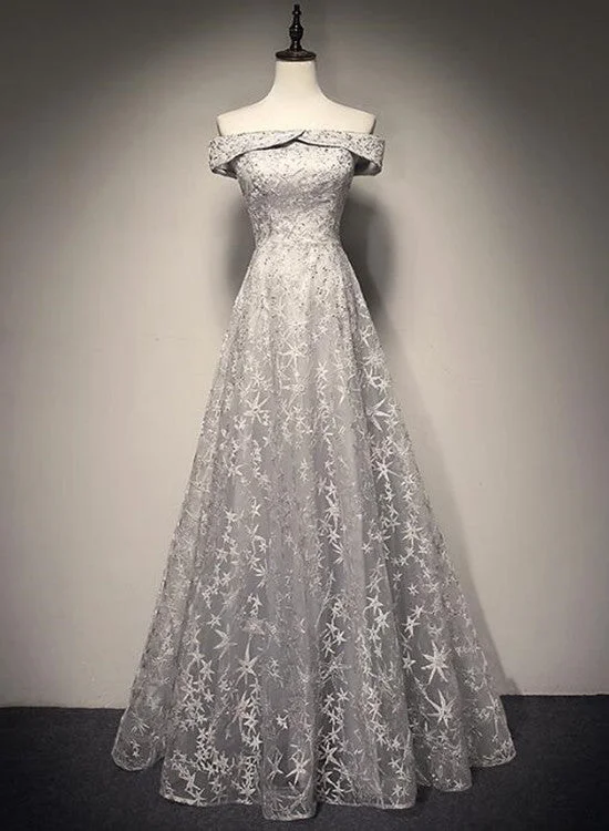 Grey New Lace Off Shoulder Elegant Evening Party Dresses, Beautiful Party Gowns, Grey Formal Dresses Square Neckline Feminine