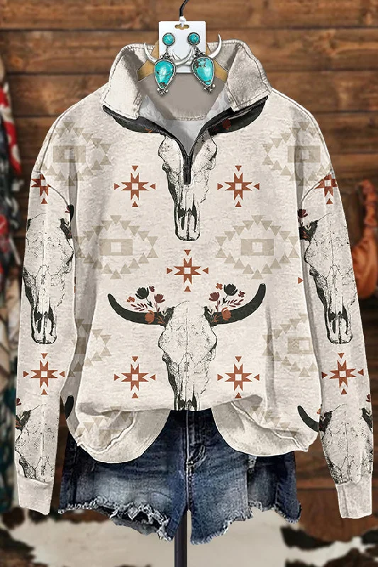 Western Aztec Cow Head Zipper Sweatshirt Hoodie with Snap Buttons Easy Quick