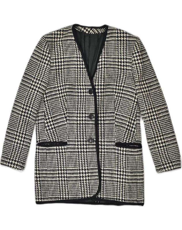 VINTAGE Womens 3 Button Blazer Jacket UK 16 Large Black Houndstooth Wool Notch Collar Peter Pan Collar Cowl Neck