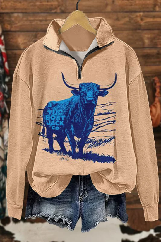 Vintage Western Longhorn Print Sweatshirt Hoodie with Cuffed Sleeves Snug Secure