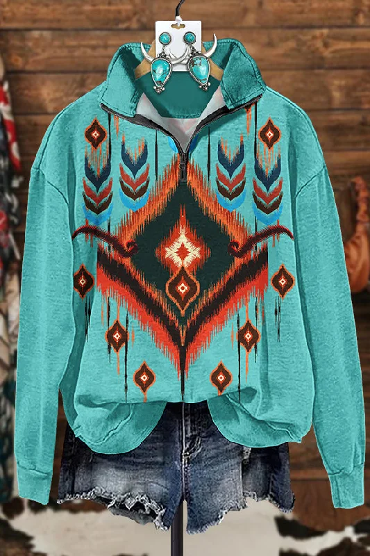 Western Turquoise Feather Aztec Zipper Sweatshirt Hoodie with Belted Waist Structured Tailored