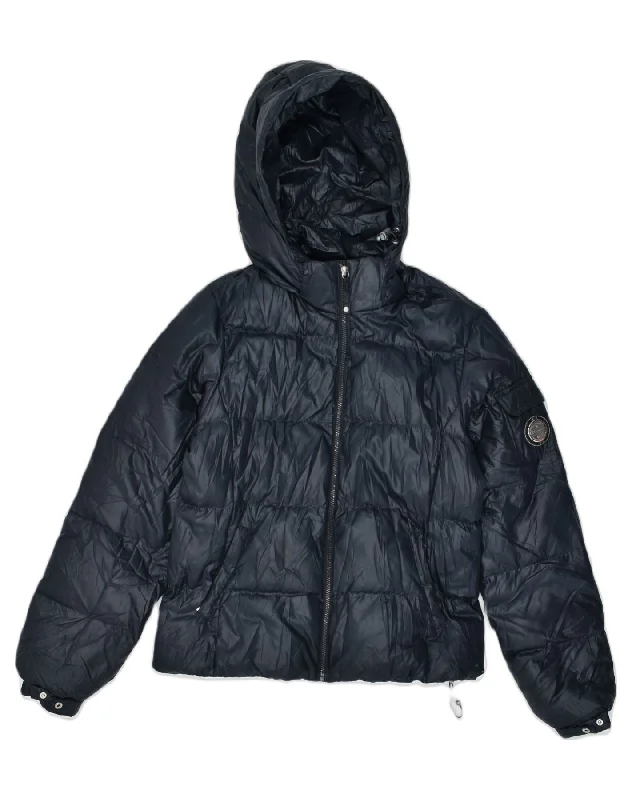 CHAMPION Womens Hooded Padded Jacket UK 16 Large Black Polyester Faux Fur Jacket Real Fur Jacket Shearling Jacket