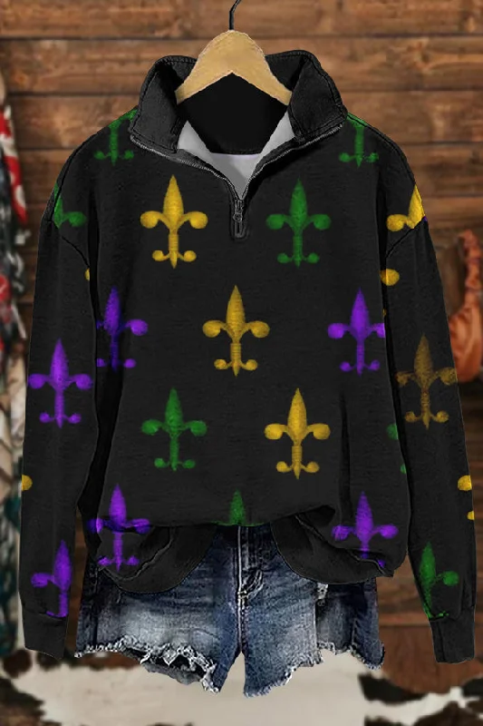Chic Mardi Gras Print Sweatshirt Cotton Hoodie Fleece Lining Warmth