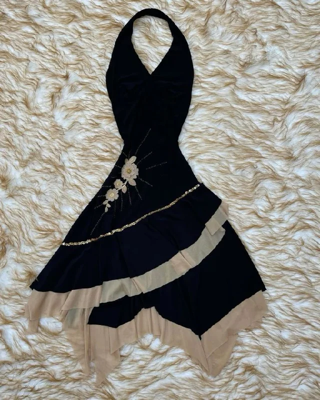 Black V Neck Halter A-Line Midi Length Cocktail Dress Evening Party Dress, DP4382 Tunics Ceremony elegant