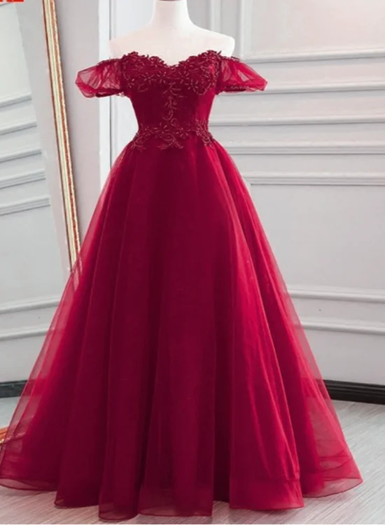 Wine Red Off Shoulder Floor Length Long Party Dress, A-line Formal Dresses Pencil Length Work