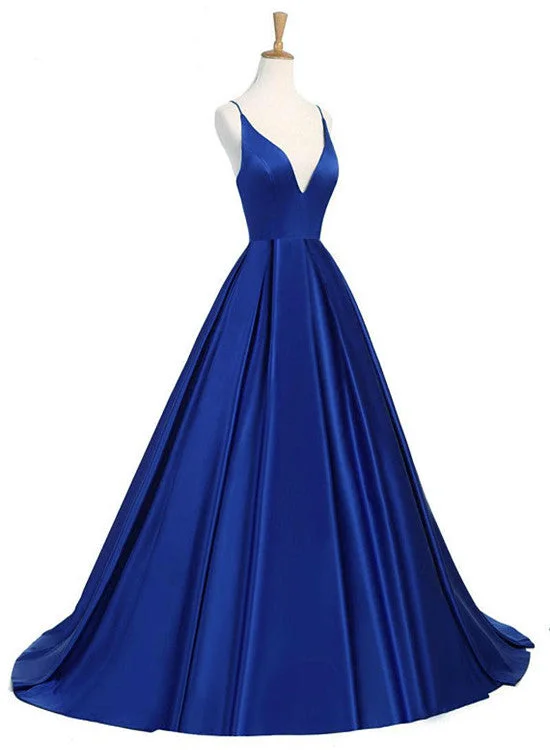 Royal Blue Sexy Backless Satin V-neckline Long Party Gowns, Satin Party Dresses, Sexy Formal Dresses Tunics Solid Classic
