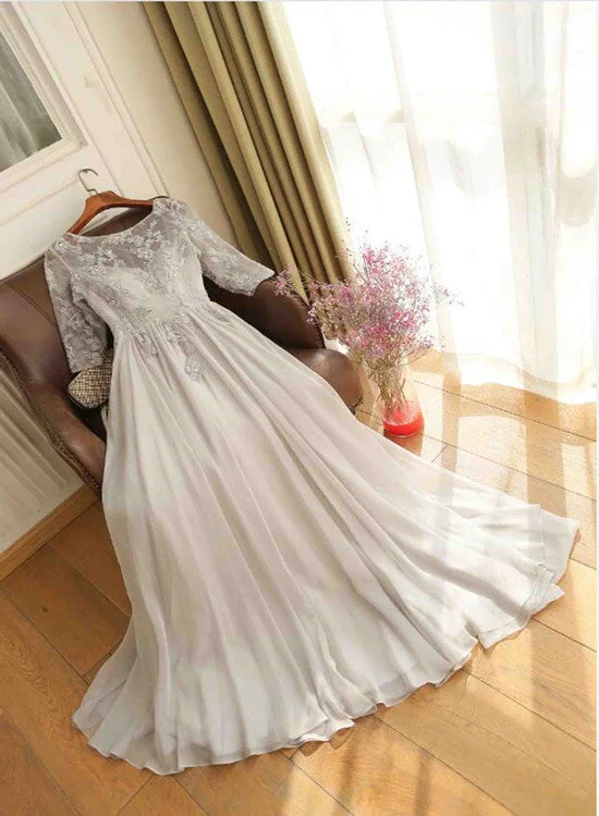 Light Grey Beautiful Applique Long Chiffon Wedding Party Dress, Cute Backless Formal Gown Satin Halter Glamorous