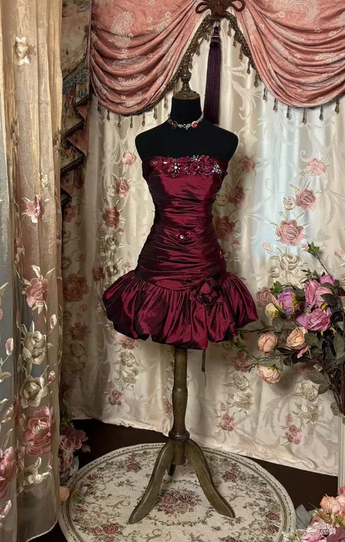 Wine Red Strapless Sheath Satin Vintage Cocktail Dress Mini Party Dress, DP4267 Tunics Handmade artisanal