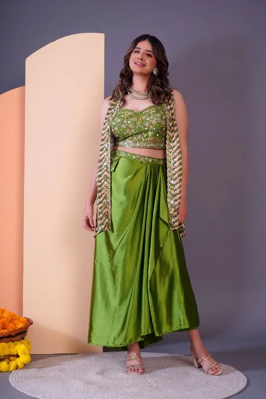 Green Embroidered Dhoti-Style Skirt with Shrug-Rent maxi skirt elegant