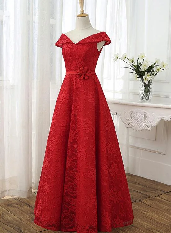 Red Cap Sleeves Lace Wedding Party Dress, Floor Length Formal Gowns, Prom Dresses Tunics Summer linen