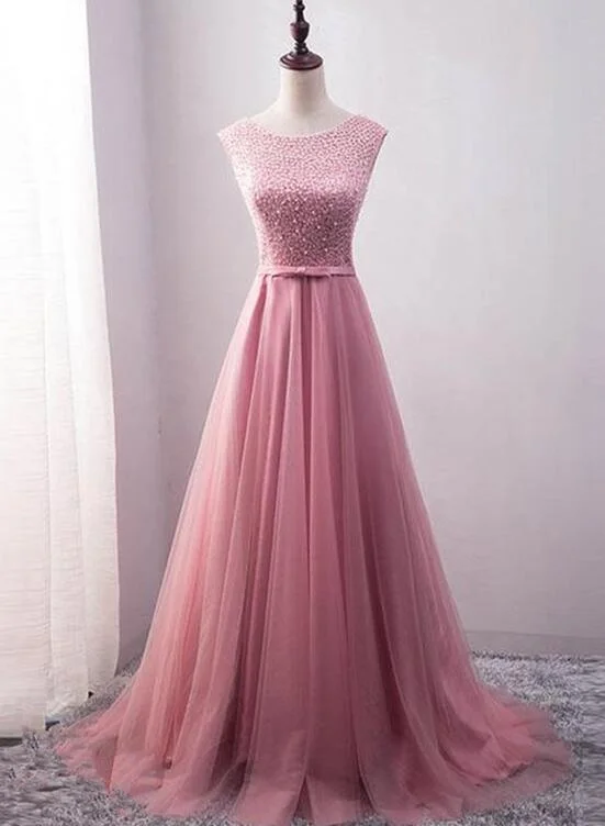 Pink Stunning Tulle Beaded Long Party Gown, Pink Formal Dress , Party Dresses Tunics Leisure comfortable