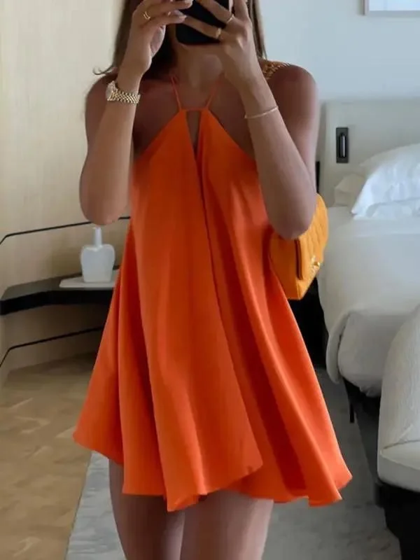 Orange Halter A-Line Short Party Dress Fashion Summer Dress, DP3061 Tunics Solid Classic