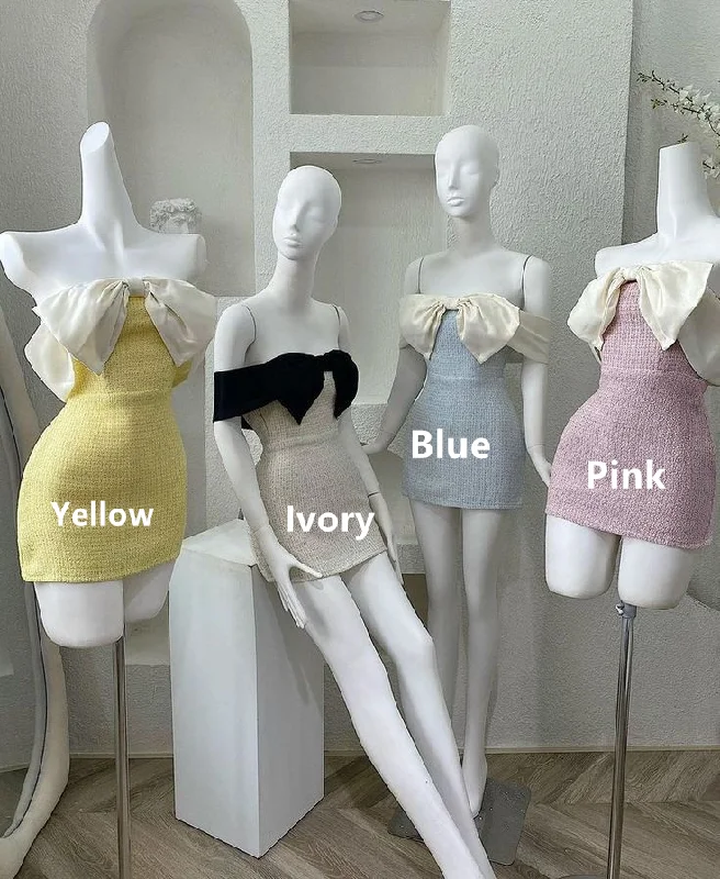 Yellow Off Shoulder Sheath Bowknot Short Party Dress Homecoming Dress, DP3526 Tunics stripes playful