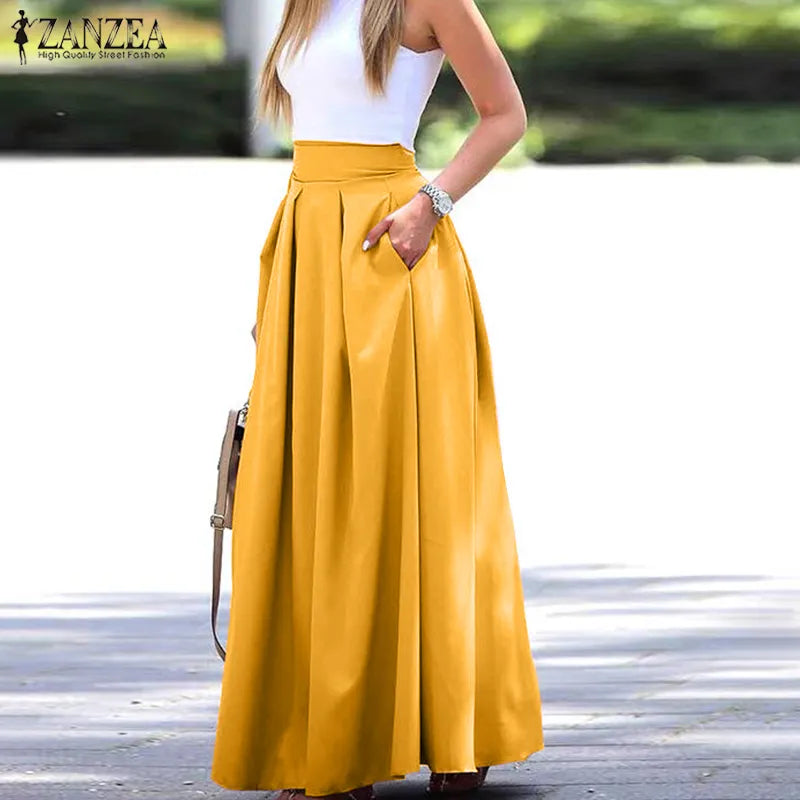 Elegant Women's Maxi Skirts ZANZEA Autumn Pleated Sundress Casual High Waist Long Vestidos Female Solid Faldas Saia silk skirt sleek