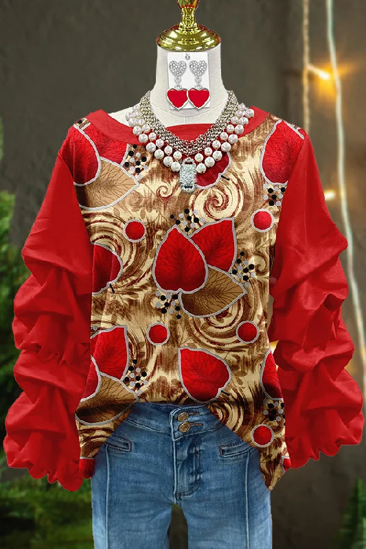 Valentine's Day Heart Leaf Print Pleated Sweatshirt Hoodie with Zipper Versatile Modern