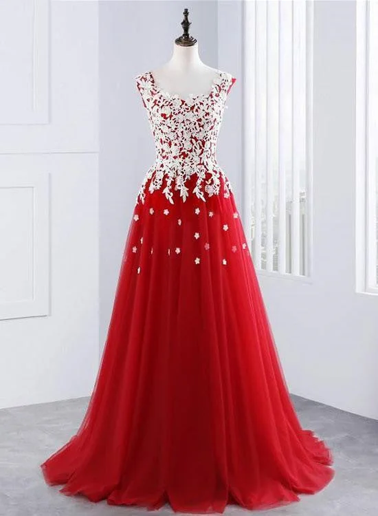 White and Red Tulle Long Formal Gowns, Red Party Dresses, Red Prom Dresses empire Waist empire