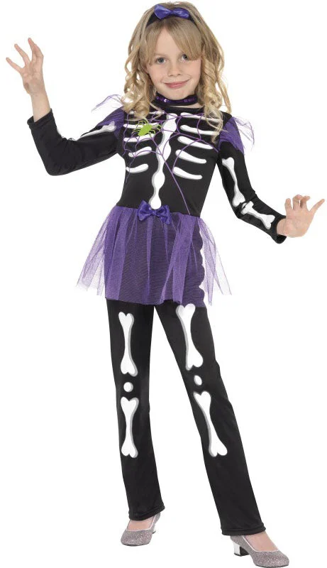 Girls Halloween Punk Skellie Skeleton Fancy Dress Costume Turtleneck Neckline Stylish