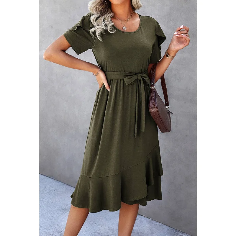 Olive Ruffle Dress with Sash Tunics Satin smooth