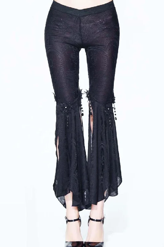 Black Fringe Lace Pendant Ninth Bell-Bottoms Women's Gothic Pants Stylish Elastic Waist Pants