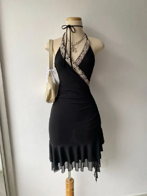 Black V Neck Halter Sheath Midi Length Cocktail Dress Evening Party Dress, DP4381 Tunics Occasion special