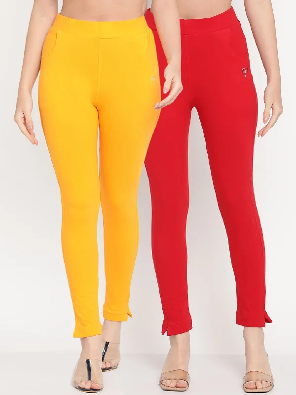 TAG 7 Women Pack of 2 Yellow & Red Solid Kurti Pants Elegant Palazzo Trousers