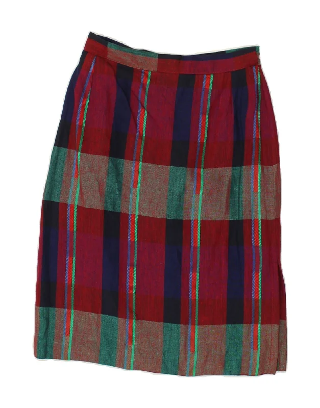VINTAGE Womens High Waist Straight Skirt UK 14 Medium W24  Red Plaid silk skirt smooth