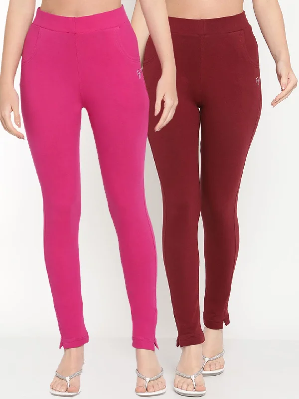 TAG 7 Women Pack of 2 Pink & Maroon Solid Kurti Pants Slim-Fit Leggings