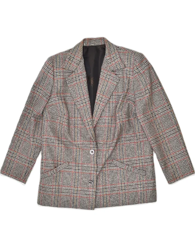 VINTAGE Womens 2 Button Blazer Jacket UK 12 Medium Grey Check Print Jacket Jacquard Jacket Embroidered Jacket