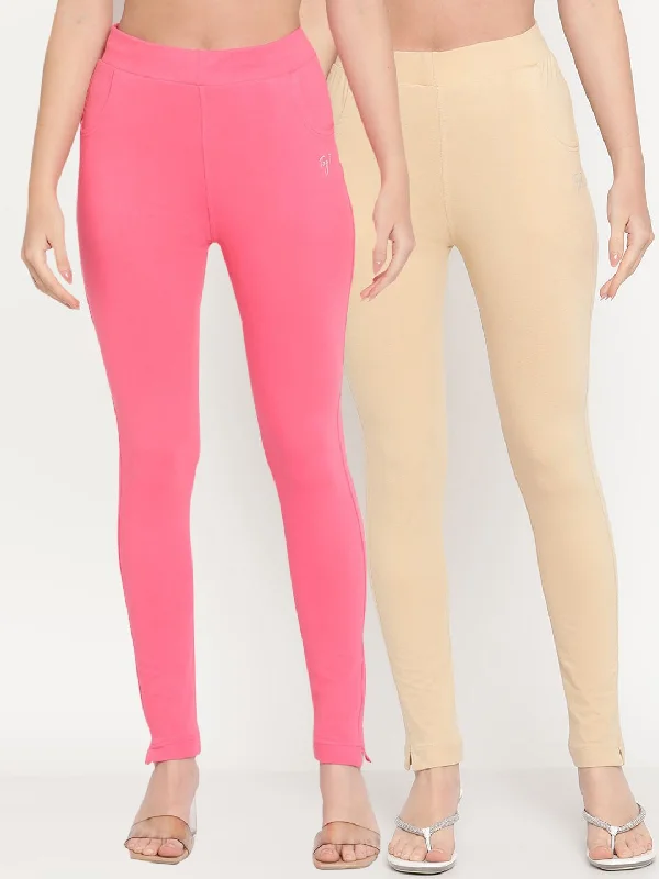 TAG 7 Women Pack of 2 Pink & Beige Solid Kurti Pants Casual Sweatpants Style