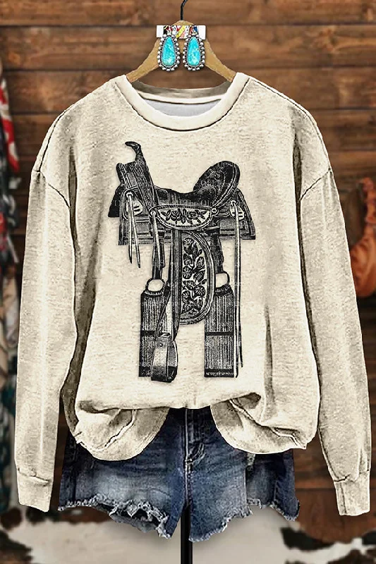 Vintage Western Saddle Print Sweatshirt Hoodie with Lining Warm Insulated
