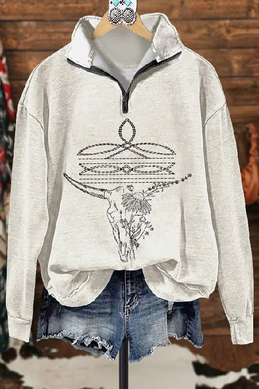 Classic Boot Stitch Western Color Block Sweatshirt Hoodie with Side Slits Relaxed Casual