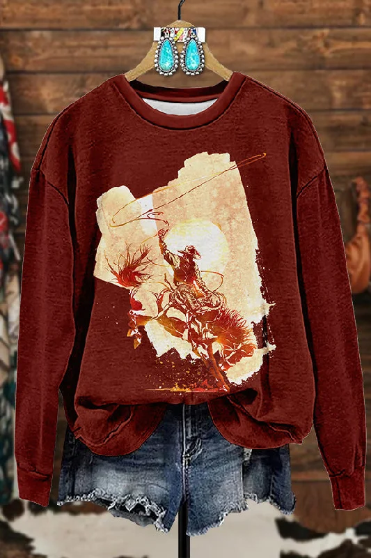 Western Cowboy Rodeo Printed Sweatshirt Hoodie with Zipper Versatile Modern