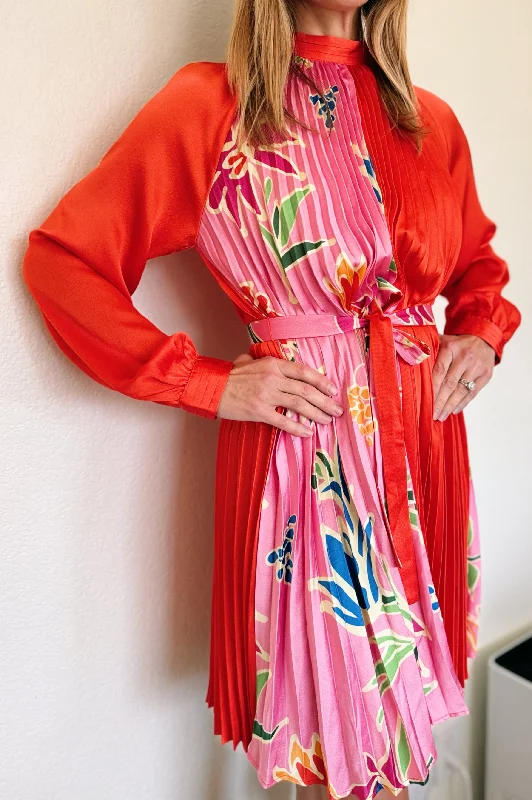 Red & Pink Pleated Tie Waist Dress Tunics Stylish modern