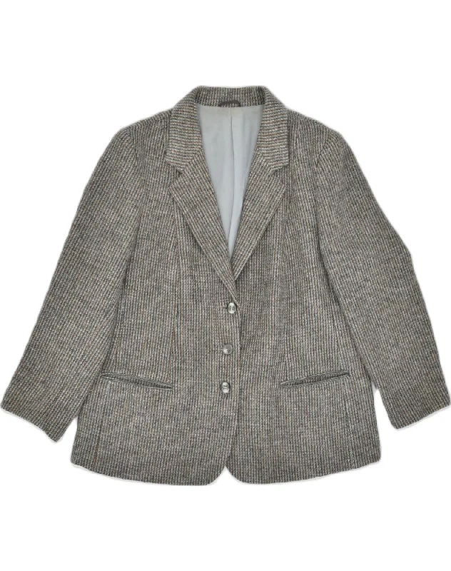 VINTAGE Womens 3 Button Blazer Jacket UK 14 Medium Grey Striped Wool Hooded Jacket Caped Jacket Shawl Collar Jacket