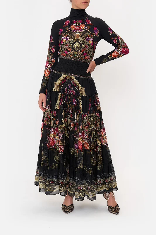 SHIRRED WAIST TIERED CIRCLE SKIRT DANCE WITH DUENDE seamless skirt comfort