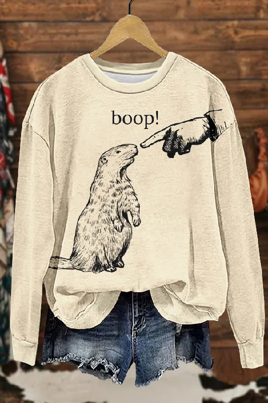 Cute Groundhog Day Print Sweatshirt Hoodie with Hem Contrast Bold Stylish