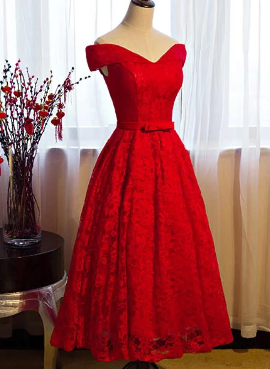 Red Lace Vintage Off Shoulder Tea Length Party Dress, Red Formal Dress, Beautiful Dresses sweetheart Neckline Romantic