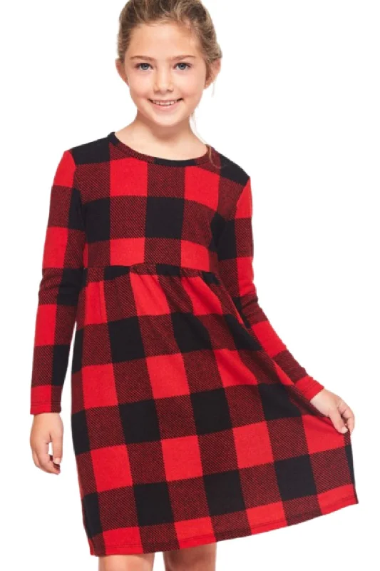 Girls 3/4 Sleeve Babydoll Plaid Dress Style 3423 in Red A-Line Day Work