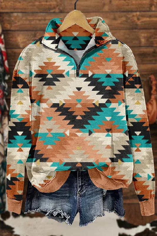 Retro Western Aztec Totem Print Sweatshirt Hoodie with Rolled Sleeves Casual Relaxed