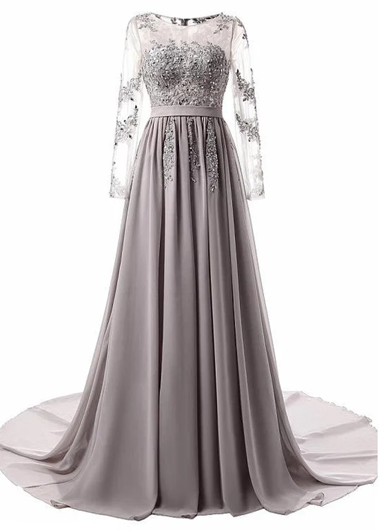 Grey Long Sleeves Applique Chiffon Formal Gowns , Grey Prom Dress , Party Dresses Tunics Top Casual