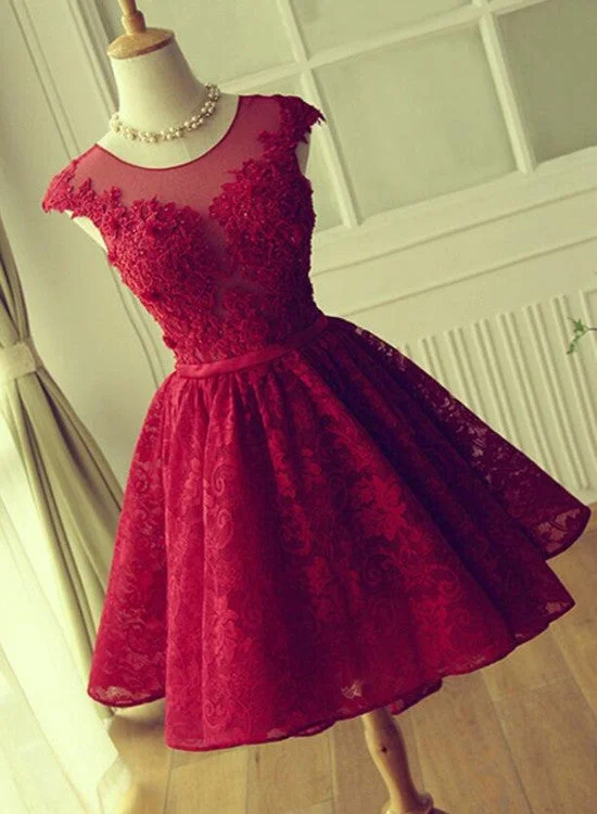 Wine Red Beautiful Lace Short Round Neckline Formal Dresses, Charming Prom Dresses, Cute Party Dress Tunics Denim casual